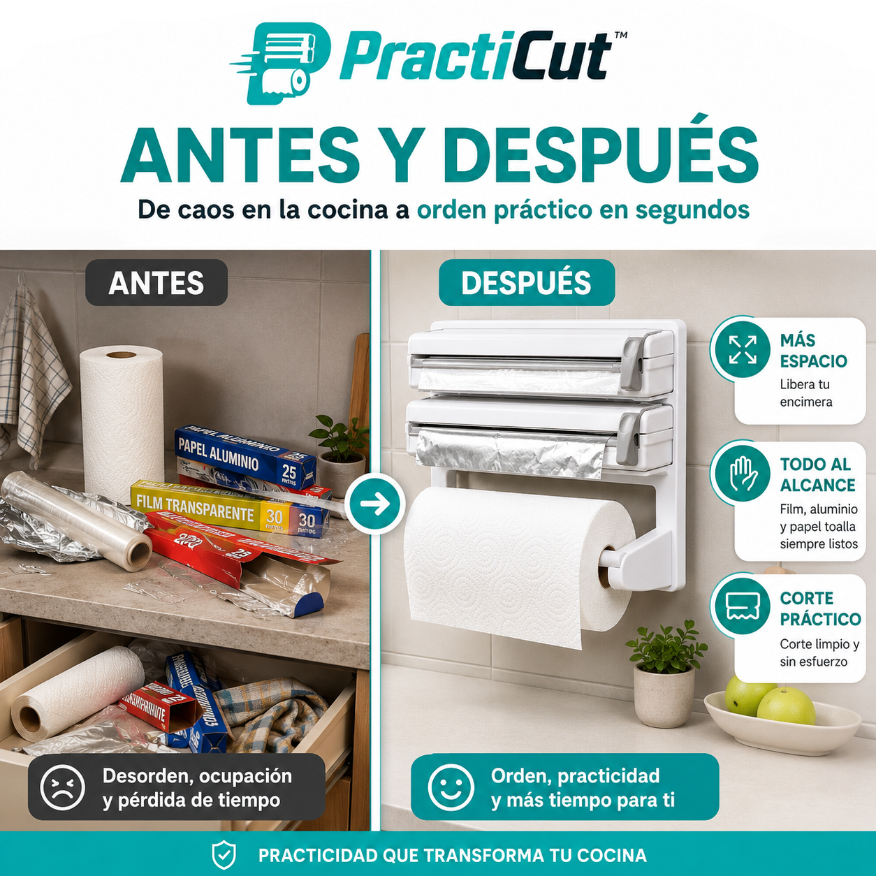 PractiCut™ – Organizador de cocina con doble cortador