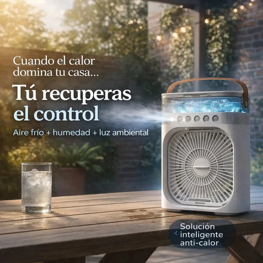 FROZTIA™ Ventilador Anti-Calor Inteligente (Eliminalo en minutos) – 3 en 1 Aire Frío, Humedad y Luz Ambiental